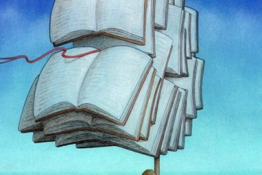una barca naviga con libri come vele, in mare calmo